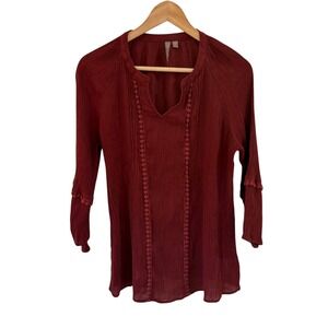 BRINA‎ & EM Women's Red Textured Split Neck Tunic Top 3/4 Sleeve Size M